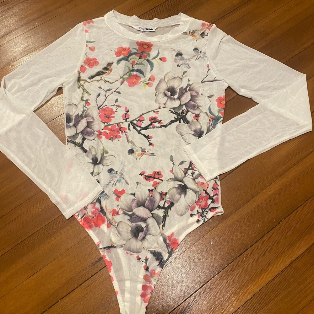 Sheer White Cherry Blossom white thong bodysuit